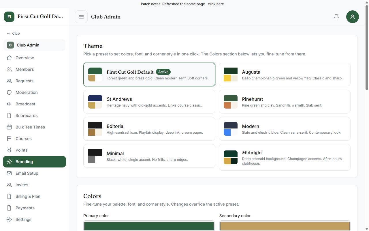 Club branding settings screen with theme preset options