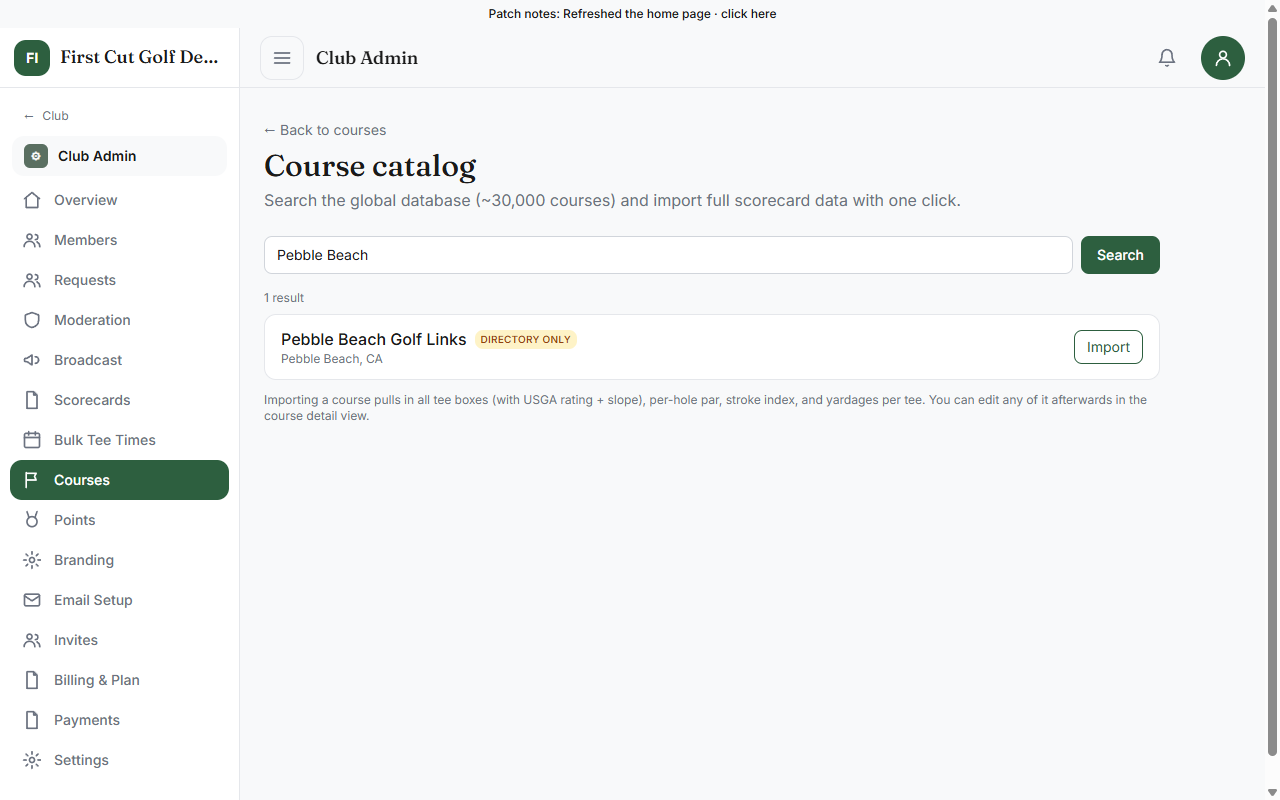 Course catalog search results for Pebble Beach Golf Links with an Import button