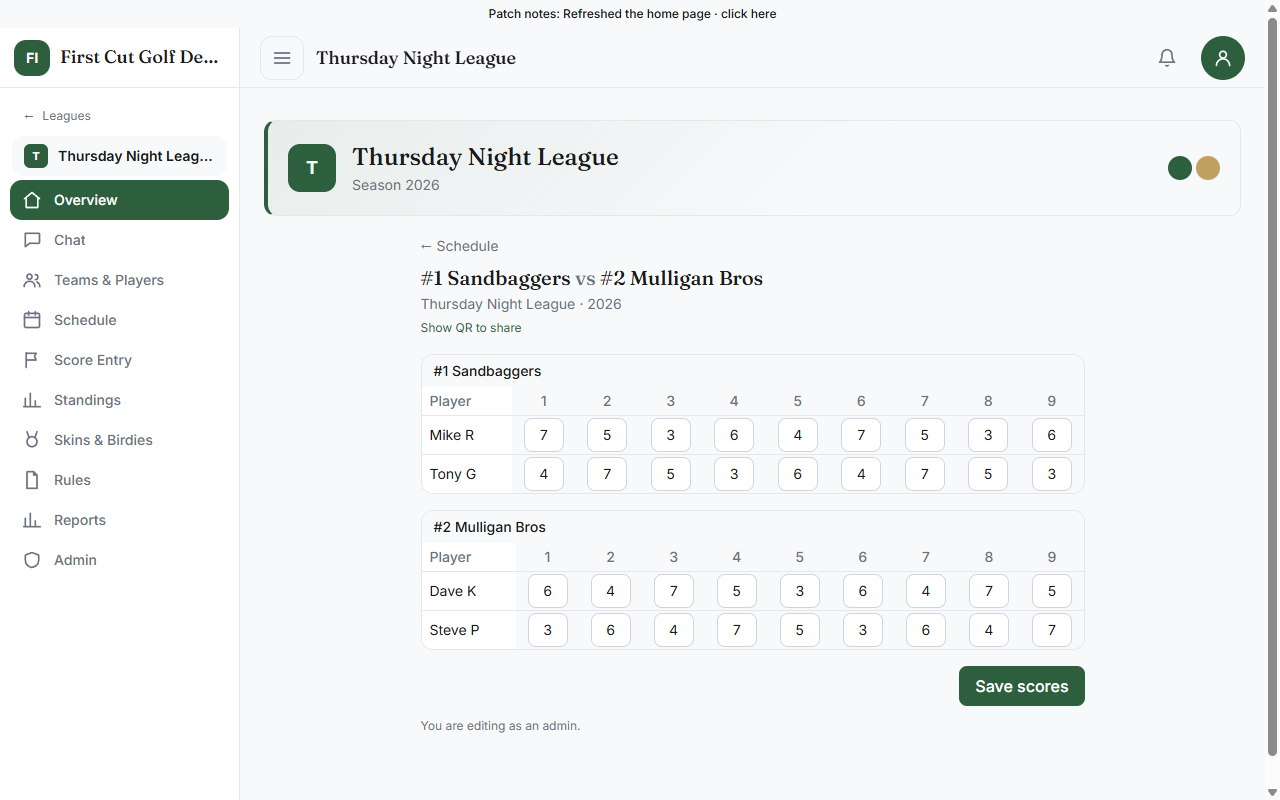Live scoring screen with hole-by-hole scores entered for two teams