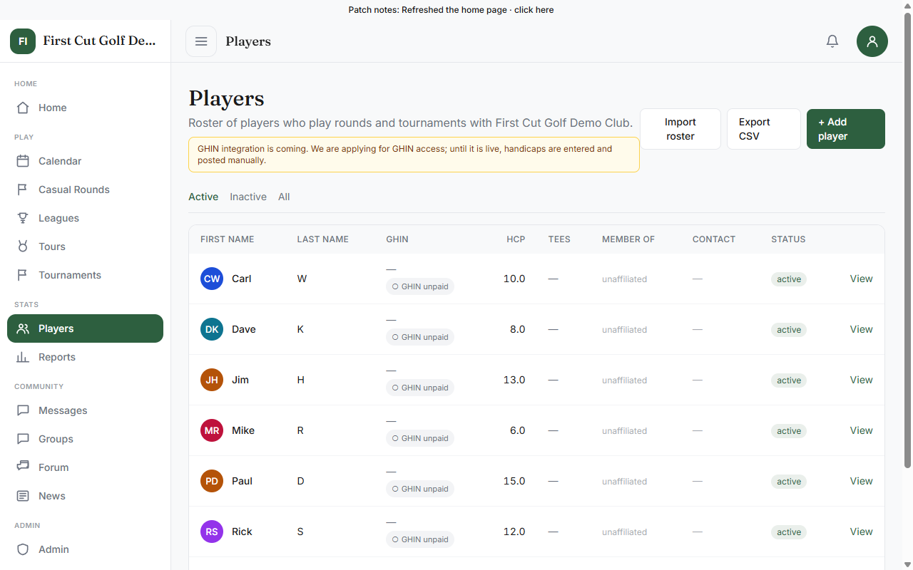 Player roster table with names and handicap indexes